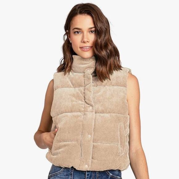 Tan Corduroy Cropped Puffer Vest Sz L Pockets Full Zip Neutral Gorpcore Ribbed - Picture 1 of 12